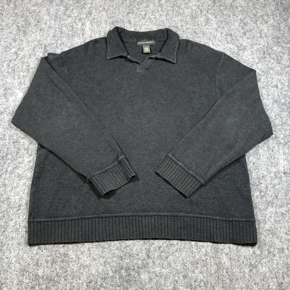 Banana Republic Sweater Mens XL Gray Collared Cotton Knit Pullover Long Sleeve
